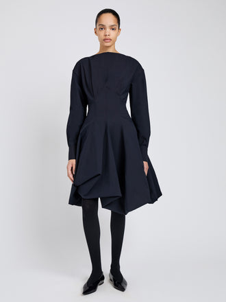 Proenza Schouler Front full length image of model wearing Tiana Dress In Bi Stretch Cotton Nylon in Black