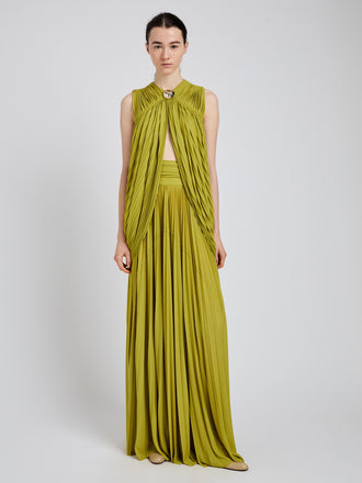 Proenza Schouler Front full length image of model wearing Bari Dress In Gauzy Jersey in Olive