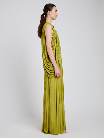 Proenza Schouler Side full length image of model wearing Bari Dress In Gauzy Jersey in Olive