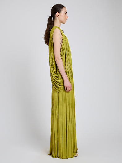Proenza Schouler Side full length image of model wearing Bari Dress In Gauzy Jersey in Olive