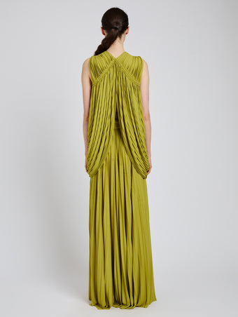 Proenza Schouler Back full length image of model wearing Bari Dress In Gauzy Jersey in Olive