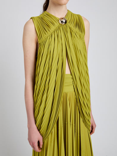 Proenza Schouler Detail image of model wearing Bari Dress In Gauzy Jersey in Olive