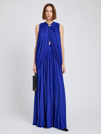 Proenza Schouler Front full length image of model wearing Bari Dress In Gauzy Jersey in Cobalt