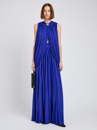 Proenza Schouler Front full length image of model wearing Bari Dress In Gauzy Jersey in Cobalt