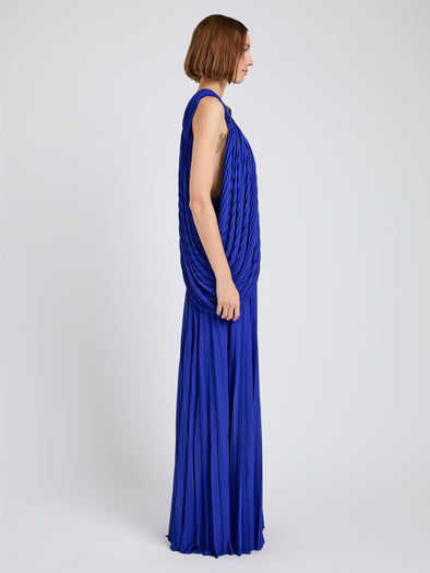 Proenza Schouler Side full length image of model wearing Bari Dress In Gauzy Jersey in Cobalt