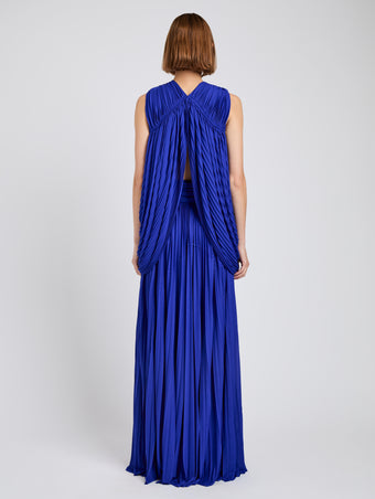 Proenza Schouler Back full length image of model wearing Bari Dress In Gauzy Jersey in Cobalt