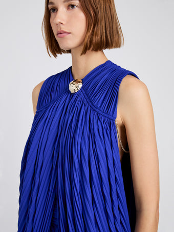 Proenza Schouler Detail image of model wearing Bari Dress In Gauzy Jersey in Cobalt