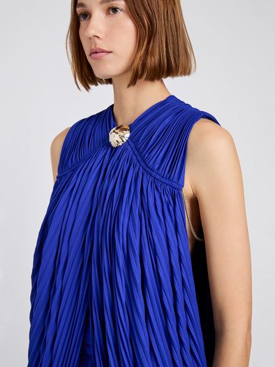 Proenza Schouler Detail image of model wearing Bari Dress In Gauzy Jersey in Cobalt