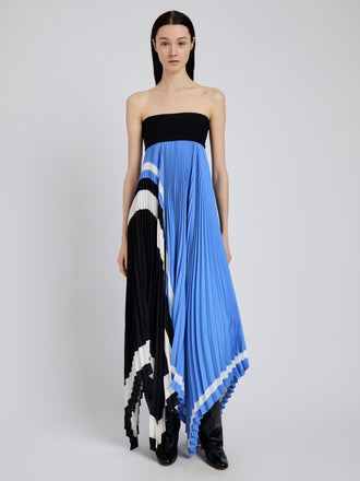 Proenza Schouler Front full length image of model wearing Fia Dress In Technical Crepe in Sky Blue Multi