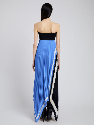 Proenza Schouler Back full length image of model wearing Fia Dress In Technical Crepe in Sky Blue Multi