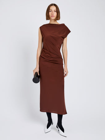 Proenza Schouler Front full length image of model wearing Tasa Dress In Silk Viscose in Mahogany
