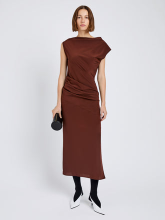Proenza Schouler Front full length image of model wearing Tasa Dress In Silk Viscose in Mahogany