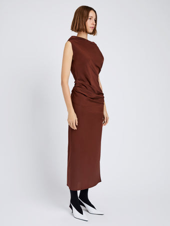 Proenza Schouler Side full length image of model wearing Tasa Dress In Silk Viscose in Mahogany