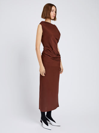 Proenza Schouler Side full length image of model wearing Tasa Dress In Silk Viscose in Mahogany
