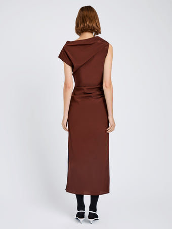 Proenza Schouler Back full length image of model wearing Tasa Dress In Silk Viscose in Mahogany