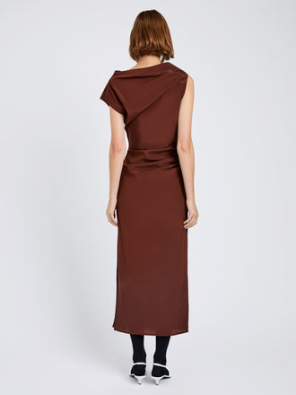 Proenza Schouler Back full length image of model wearing Tasa Dress In Silk Viscose in Mahogany