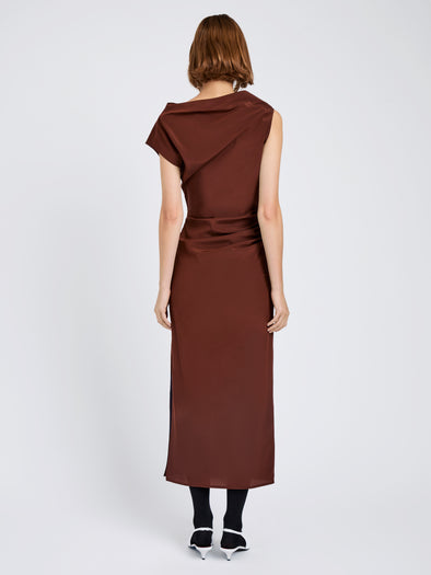 Proenza Schouler Back full length image of model wearing Tasa Dress In Silk Viscose in Mahogany