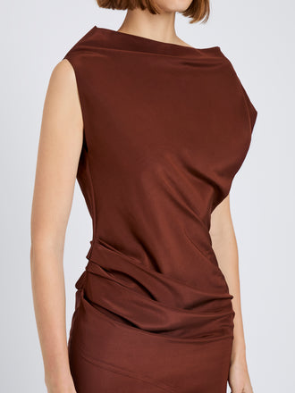Proenza Schouler Detail image of model wearing Tasa Dress In Silk Viscose in Mahogany