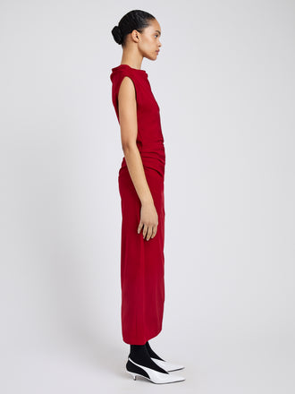 Proenza Schouler Side full length image of model wearing Tasa Dress In Silk Viscose in Scarlet