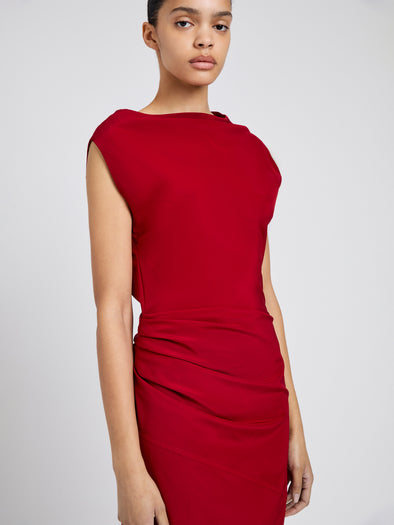 Proenza Schouler Detail image of model wearing Tasa Dress In Silk Viscose in Scarlet