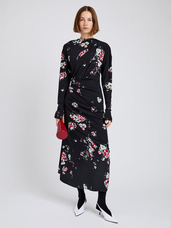 Proenza Schouler Front full length image of model wearing Trudie Dress In Printed Silk Viscose in Black Multi
