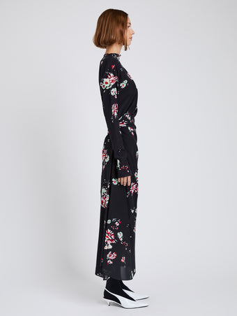 Proenza Schouler Side full length image of model wearing Trudie Dress In Printed Silk Viscose in Black Multi