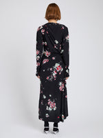 Proenza Schouler Back full length image of model wearing Trudie Dress In Printed Silk Viscose in Black Multi