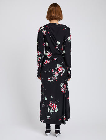 Proenza Schouler Back full length image of model wearing Trudie Dress In Printed Silk Viscose in Black Multi