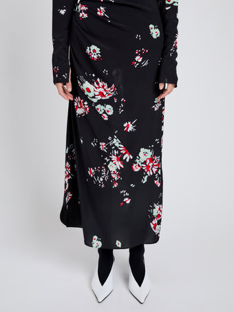 Proenza Schouler Detail image of model wearing Trudie Dress In Printed Silk Viscose in Black Multi