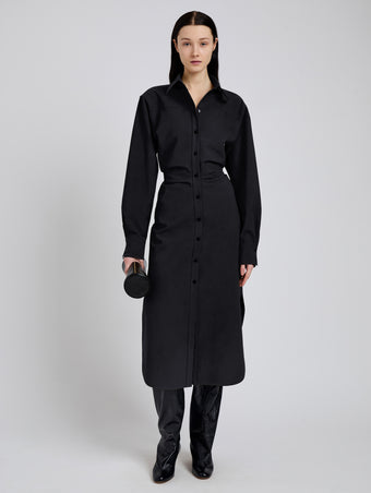 Proenza Schouler Front full length image of model wearing Flora Dress In Bi Stretch Cotton Nylon in Black