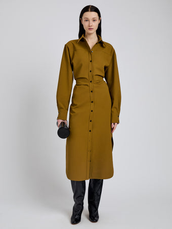 Proenza Schouler Front full length image of model wearing Flora Dress In Bi Stretch Cotton Nylon in Fatigue
