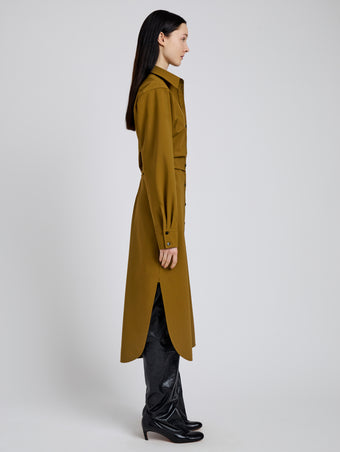 Proenza Schouler Side full length image of model wearing Flora Dress In Bi Stretch Cotton Nylon in Fatigue