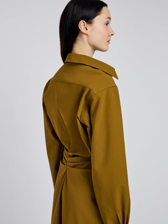 Proenza Schouler Detail image of model wearing Flora Dress In Bi Stretch Cotton Nylon in Fatigue