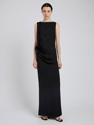 Proenza Schouler Front full length image of model wearing Indria Dress In Matte Double Crepe in Black