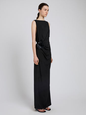 Proenza Schouler Side full length image of model wearing Indria Dress In Matte Double Crepe in Black
