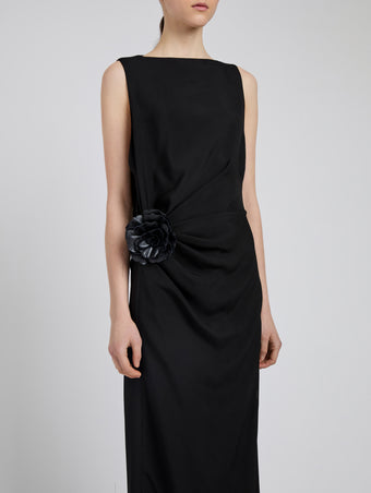 Proenza Schouler Detail image of model wearing Indria Dress In Matte Double Crepe in Black