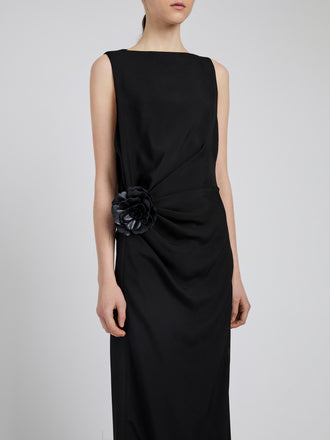 Proenza Schouler Detail image of model wearing Indria Dress In Matte Double Crepe in Black