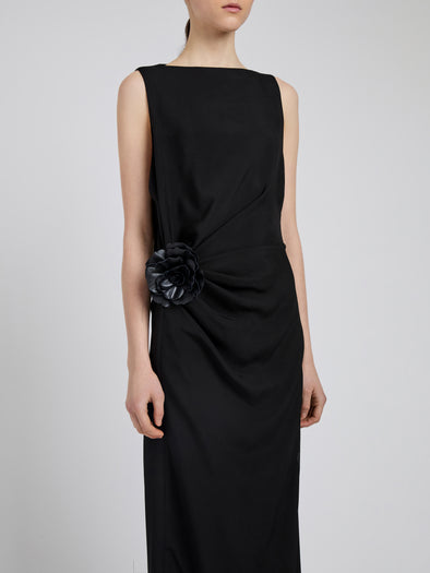 Proenza Schouler Detail image of model wearing Indria Dress In Matte Double Crepe in Black