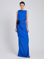 Proenza Schouler Front full length image of model wearing Indria Dress In Matte Double Crepe in New Blue