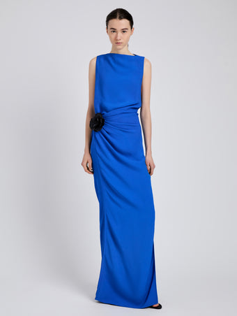 Proenza Schouler Front full length image of model wearing Indria Dress In Matte Double Crepe in New Blue
