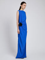 Proenza Schouler Side full length image of model wearing Indria Dress In Matte Double Crepe in New Blue