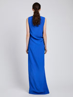 Proenza Schouler Back full length image of model wearing Indria Dress In Matte Double Crepe in New Blue