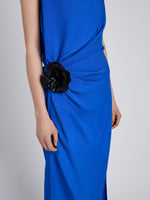Proenza Schouler Detail image of model wearing Indria Dress In Matte Double Crepe in New Blue