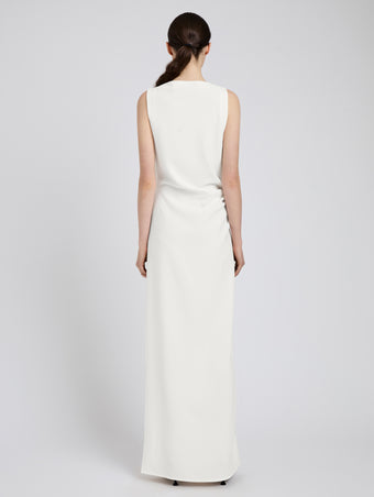 Proenza Schouler Back full length image of model wearing Indria Dress in Matte Double Crepe in White