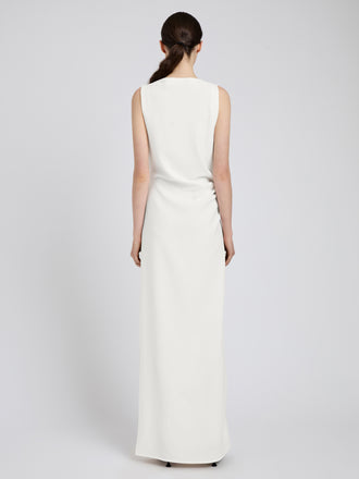 Proenza Schouler Back full length image of model wearing Indria Dress in Matte Double Crepe in White
