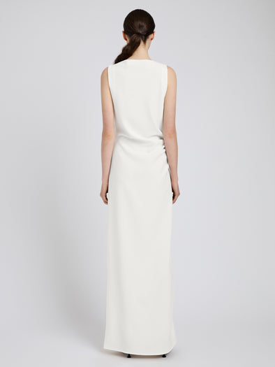Proenza Schouler Back full length image of model wearing Indria Dress in Matte Double Crepe in White