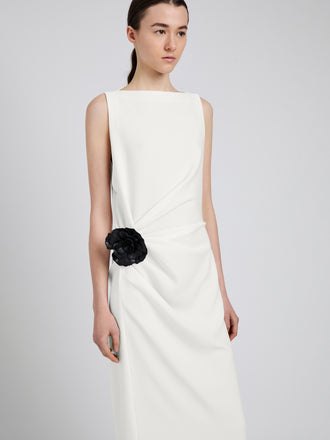 Proenza Schouler Detail image of model wearing Indria Dress in Matte Double Crepe in White