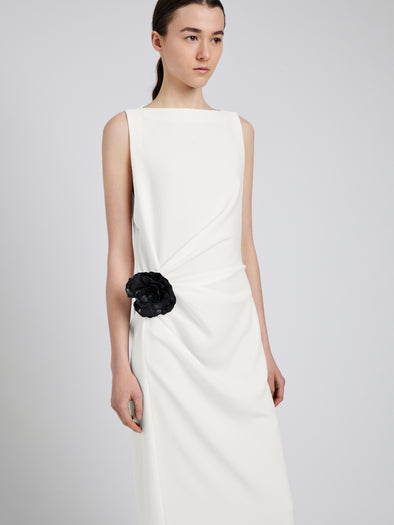 Proenza Schouler Detail image of model wearing Indria Dress in Matte Double Crepe in White