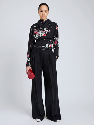 Proenza Schouler Front full length image of model wearing Ysabelle Top In Printed Silk Viscose in Black Multi
