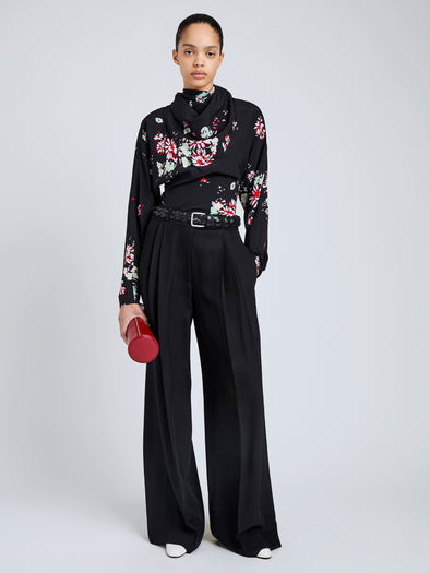 Proenza Schouler Front full length image of model wearing Ysabelle Top In Printed Silk Viscose in Black Multi